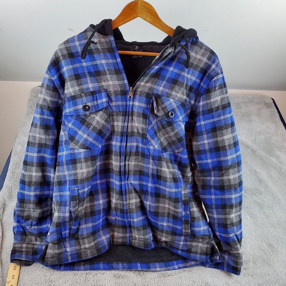 Men's Blue and Gray Plaid Hooded Jacket